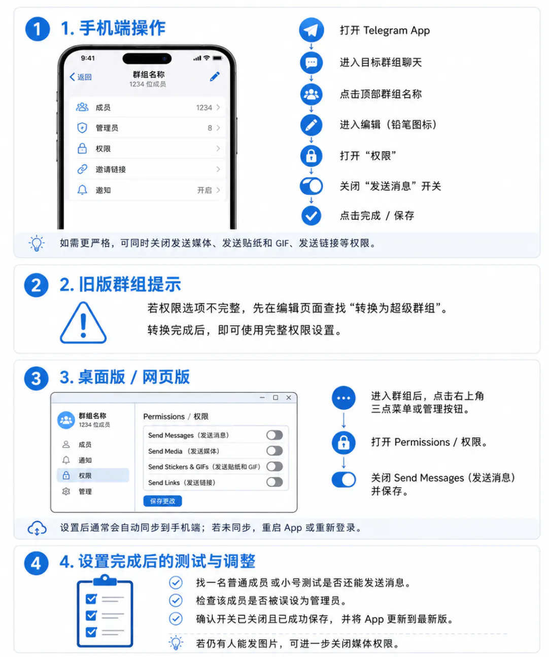 开启仅管理员可发言的群组设置